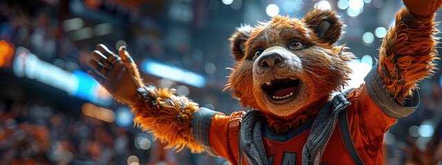 Obraz premium College basketball mascot pumping up the crowd, festive atmosphere. Hyperdetailed. Photorealistic. HD. super detailed