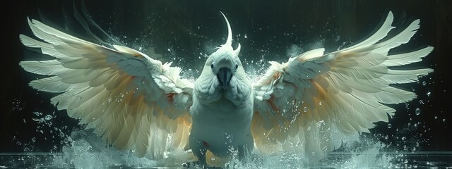 Cockatoo shouting in a lively debate, bright white feathers, expressive. Hyperdetailed. Photorealistic. HD. super detailed - obrazy, fototapety, plakaty
