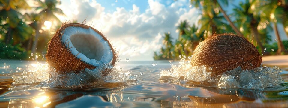 Coconut water with floating chunks of coconut, tropical refreshment. Hyperdetailed. Photorealistic. HD. super detailed