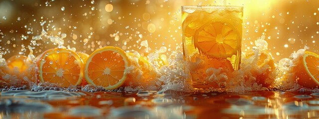 Freshly squeezed orange juice, vibrant and pulpy, sunrise scene. Hyperdetailed. Photorealistic. HD. super detailed - obrazy, fototapety, plakaty