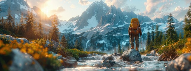 Fototapeta premium Hiker taking a daring leap from one rock to another over a mountain stream. Hyperdetailed. Photorealistic. HD. super detailed
