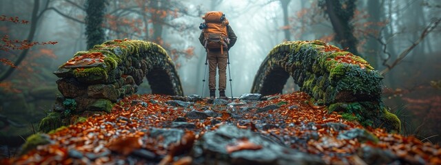 Hiker photographing an old, moss-covered stone bridge on a forest trail. Hyperdetailed. Photorealistic. HD. super detailed - obrazy, fototapety, plakaty
