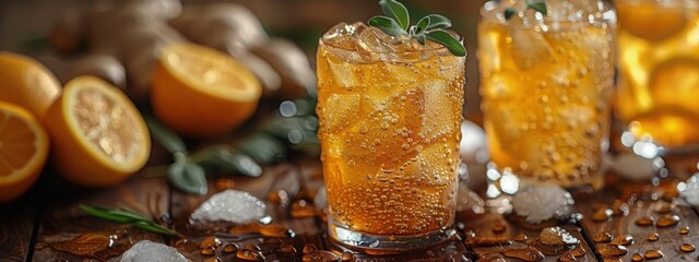 Homemade ginger ale, spicy and sweet, in a frosty glass. Hyperdetailed. Photorealistic. HD. super detailed