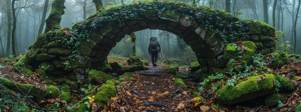 Hiker photographing an old, moss-covered stone bridge on a forest trail. Hyperdetailed. Photorealistic. HD. super detailed