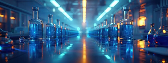 Obraz premium Laboratory glassware being sterilized under UV light in a clean room. Hyperdetailed. Photorealistic. HD. super detailed