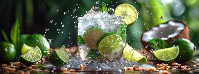 Lime and coconut water, hydrating and tropical, beachside refreshment. Hyperdetailed. Photorealistic. HD. super detailed - obrazy, fototapety, plakaty