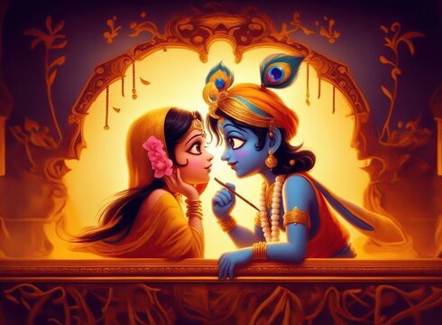 Divine love story of Hindu gods Radha and Krishna, Radha Krishna Painting with colorful background