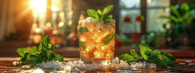 Mint julep mocktail, crushed ice and fresh mint, southern charm. Hyperdetailed. Photorealistic. HD. super detailed - obrazy, fototapety, plakaty