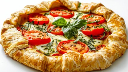 Galette featuring tomatoes, mozzarella, and basil in flaky pastry, cooked until bubbly, top shot, raw style, isolated on white