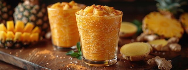 Pineapple ginger smoothie, spicy-sweet, in a tall frosty glass. Hyperdetailed. Photorealistic. HD. super detailed