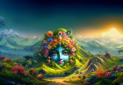 Beautiful View of Govardhan Mountain Forest Landscape 4k Ultrawide Wallpaper Illustration, Govardhan Hill in form of Krishna.