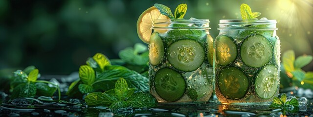 Refreshing cucumber mint lemonade in a mason jar, summer picnic. Hyperdetailed. Photorealistic. HD. super detailed - obrazy, fototapety, plakaty