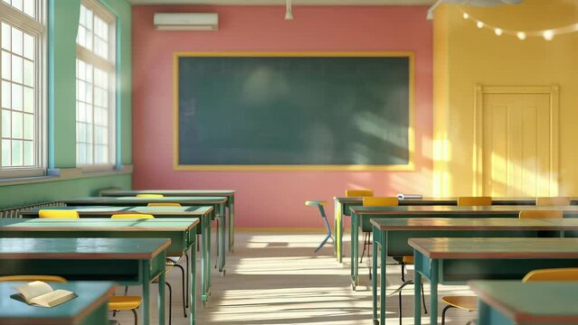 Animation empty school or university classroom with big chalkboard. seamless 4k video background. generated with ai