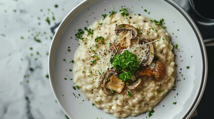 Elegant top view of a Mozzarella and Mushroom Risotto, garnished with grated Parmesan, perfect studio lighting on a clean background
