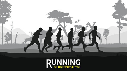 Running silhouettes. Vector illustration, Trail Running, Marathon runner.	
