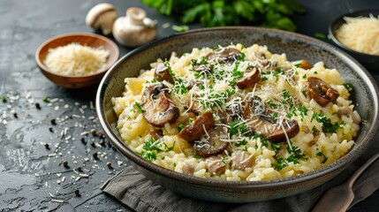 Fototapeta premium Elegant top view of a Mozzarella and Mushroom Risotto, garnished with grated Parmesan, perfect studio lighting on a clean background