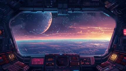 Obraz premium Interior of a spaceship, with a view out a dark window to show the vastness of space.