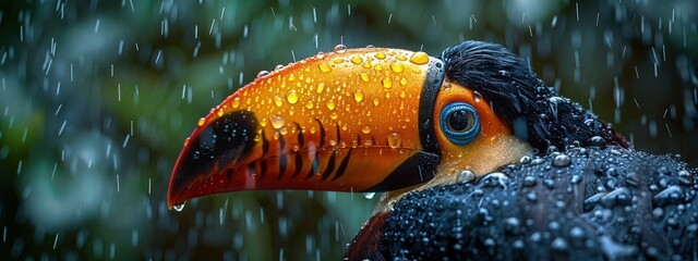 Obraz premium Toucan in a tropical storm, vivid beak, raindrops visible. Hyperdetailed. Photorealistic. HD. super detailed