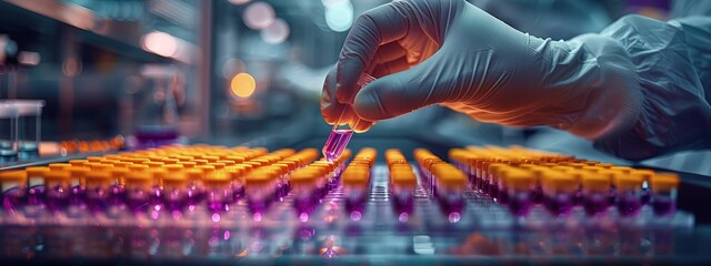 Technologist preparing reagents for a sophisticated immunoassay test in a diagnostics lab. Hyperdetailed. Photorealistic. HD. super detailed - obrazy, fototapety, plakaty
