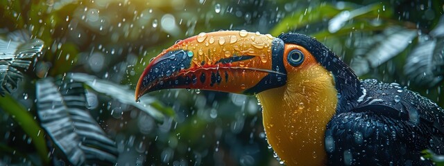 Fototapeta premium Toucan in a tropical storm, vivid beak, raindrops visible. Hyperdetailed. Photorealistic. HD. super detailed