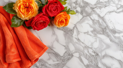 A towel is folded on a marble countertop with a bouquet of roses and orange flowers. The scene is simple and elegant, with the towel and flowers adding a touch of color