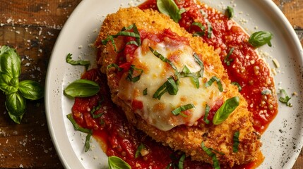 Detailed top view shot of Mozzarella-Stuffed Chicken Parmesan, crisply fried with marinara topping, studio lighting, isolated from distractions