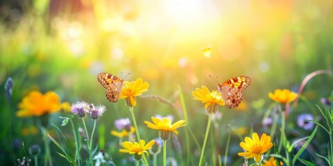 Fototapeta na wymiar Butterflies and yellow wildflowers basking in the sunlight