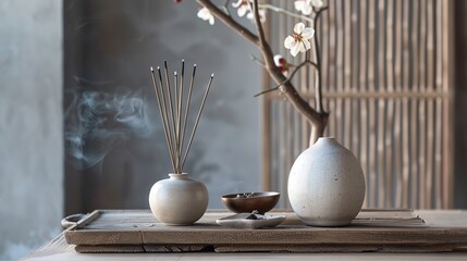 A modern living space enhanced by artisanal ceramic decor and incense sticks, radiating minimalist elegance