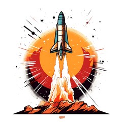 Retro Rocket Launch: A vintage-style rocket launching into space with a nostalgic feel