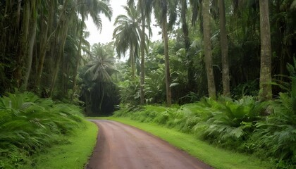 A jungle road bordered by towering palms and lush upscaled 15