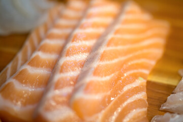 View of the salmon sashimi on the plate
