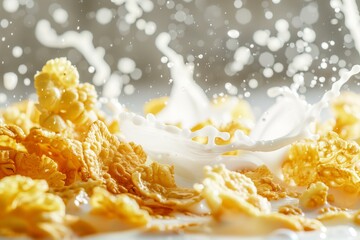 close up corn flakes and splashing milk, professional food photo, white background - Powered by Adobe