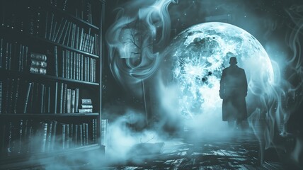 Silhouetted person in library with mystical glowing orb and smoke