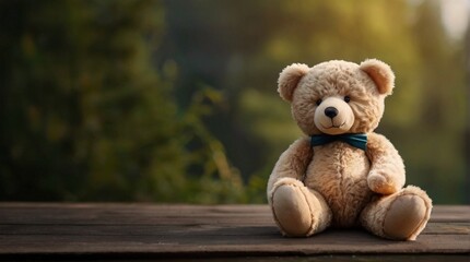 A cute teddy bear sits in nature background