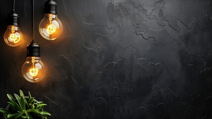 Lit lightbulbs in front of black textured wall with green plant corner