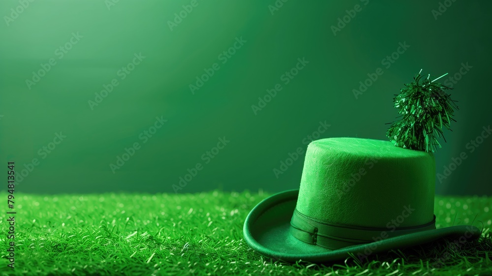 Wall mural Green tophat with tassel on artificial grass against dark background - Wall murals