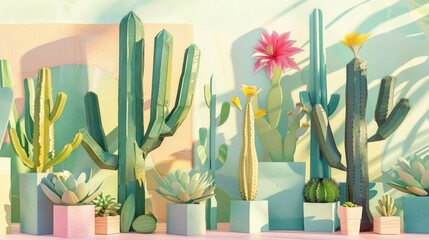 Whimsical Collection of Colorful Cacti in a Desert Landscape