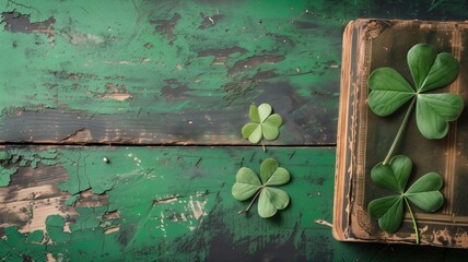 Three-leaf clovers on distressed green wooden surface next to old book - obrazy, fototapety, plakaty