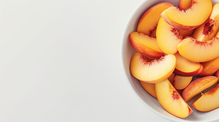 Peach slices in a bowl on a white table top view space on the left
