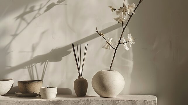 An elegant display of handcrafted ceramic pieces and incense sticks in a minimalist setting