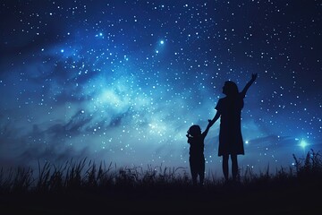 a silhouette of a mother and child against a night sky filled with stars