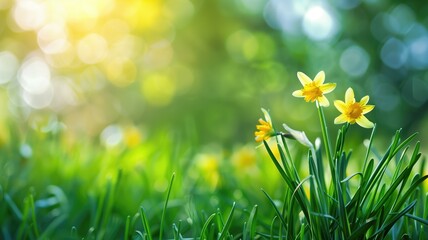Yellow flowers blooming amidst green foliage under soft sunlight with bokeh background