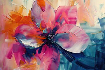 Vibrant Abstract Flower Painting with Pink Petals on Blue Background