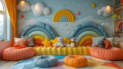 Colorful Children’s Bedroom with Whimsical Rainbow Wall Art, Plush Toys, and Pumpkin Beanbags