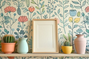 Vibrant Home Decor Display with Floral Wallpaper and Wooden Shelf