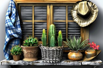 Fototapeta na wymiar Rustic Southwestern Window Sill Decor with Cacti and Cozy Accents