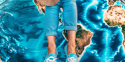 A woman is sitting on the ground with her feet on a blue map of the world. She is wearing blue jeans and a white hat