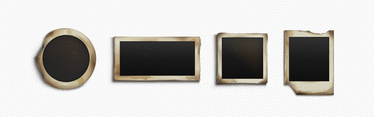 Vintage photos set isolated on transparent background. Vector realistic illustration of old photograph mockups with stains on torn edges, instant picture templates, retro photoalbum design elements