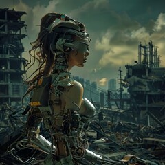 A woman in a futuristic costume stands in front of a ruined city