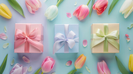 simplicity gift box with beautiful ribbon and blooming tulips flowers on bright pastel color background seen from above created with Generative AI Technology - obrazy, fototapety, plakaty